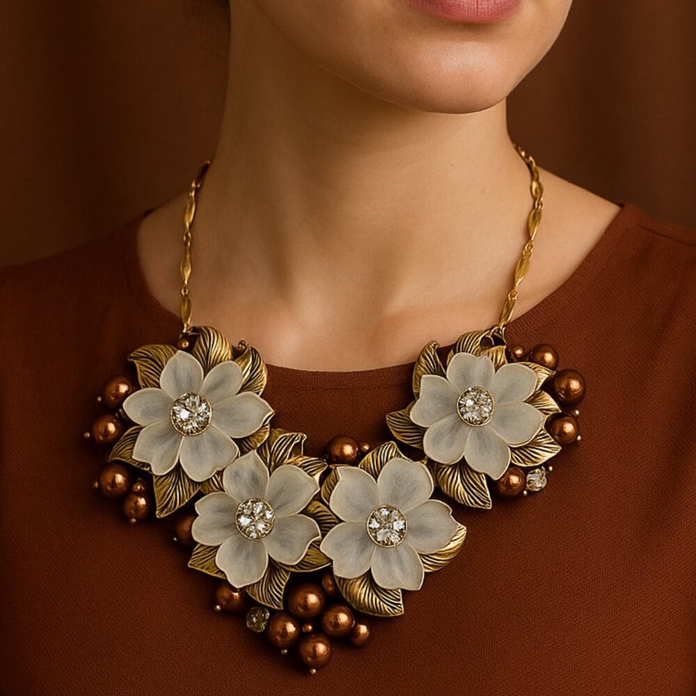 NWOT Signed Coldwater Creek Flora Lucite & Crystal Bib Necklace 16-21"